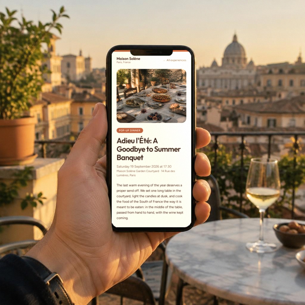 A real Boketta experience page for a Maison Solène banquet open on a phone at a rooftop terrace