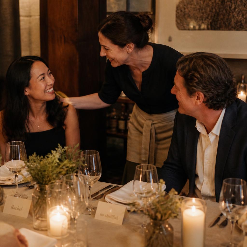 A host greeting seated guests by name at an intimate curated dinner, with place cards and a dietary note on the table